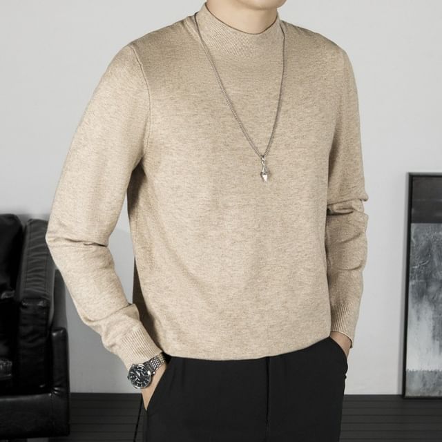 Nightbell-Long-Sleeve Mock Neck Plain Knit Top