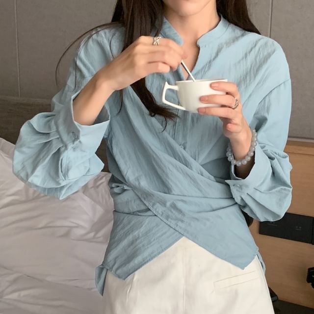 Jesong-Long Sleeve Notch Neck Plain Ruched Blouse