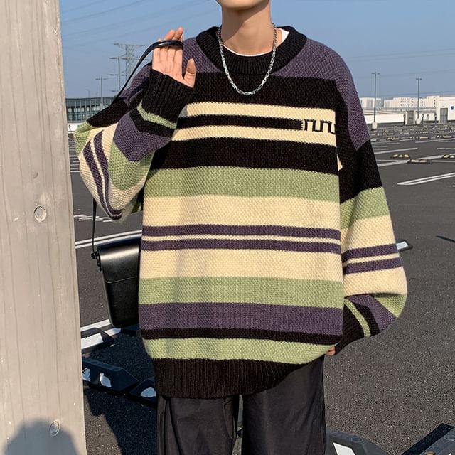 Hushgrain-Round Neck Color Block Sweater