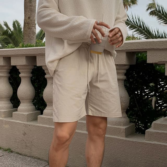 MRCYC-Drawstring Waist Plain Wide Leg Shorts