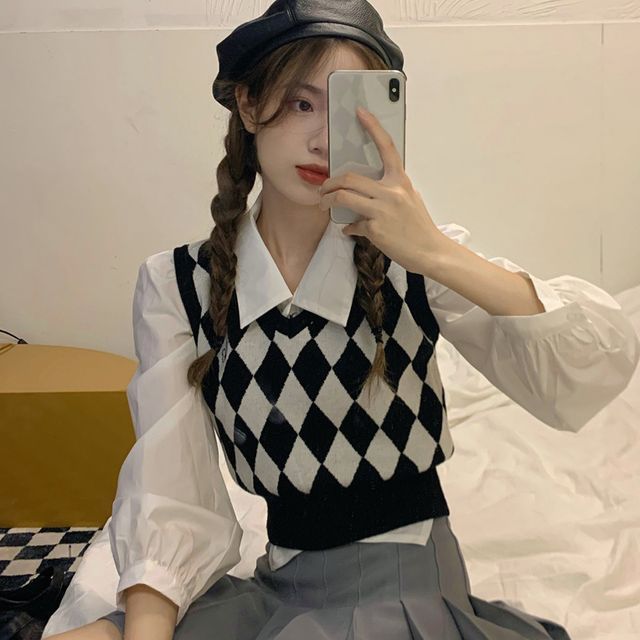 Lokin Puff-Sleeve Shirt Argyle Print Sweater Vest Cardigan