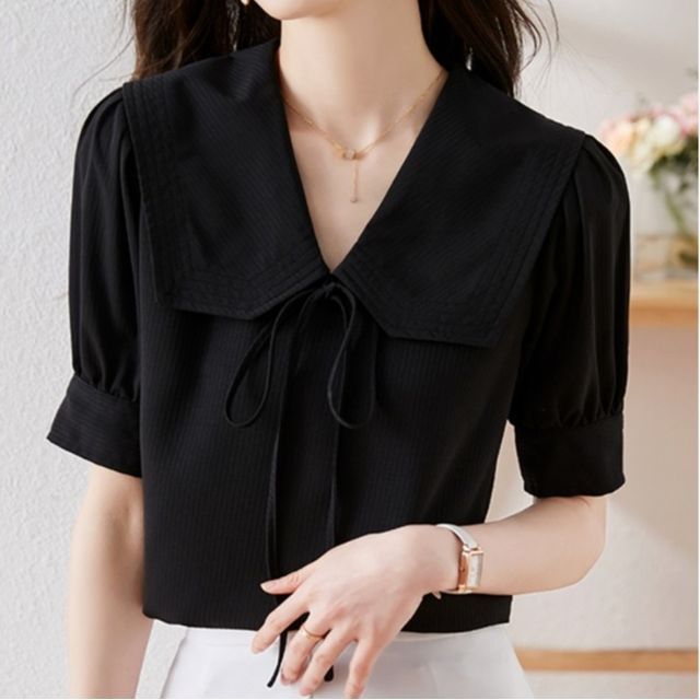 Dragan Pulse-Short-Sleeve Collared Plain Blouse