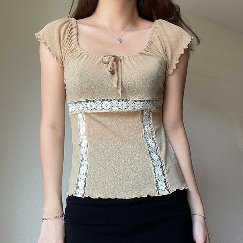 【suzen】Poroa Square Neck Frill Lace Top SOLY HUX Women's Square Neck Puff Short Sleeve Frill Shirred