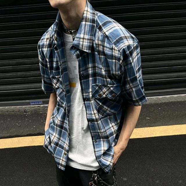 GRAYCIOUS-Short Sleeve Collared Plaid Cargo Shirt