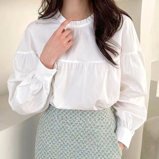 ISSOL-Long-Sleeve Round Neck Plain Frill Trim Blouse