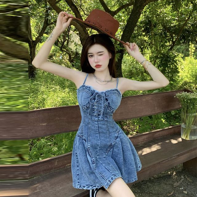 chinese dress ladies Denim Strapless Padded Underwire Cut Out Lace Up Asymmetrical Dress Small main image 0