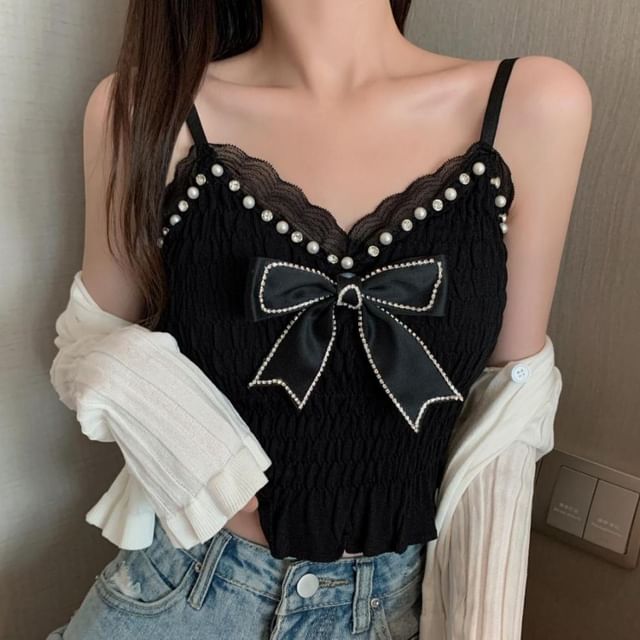 Sisyphi-V-Neck Beaded Crop Camisole Top