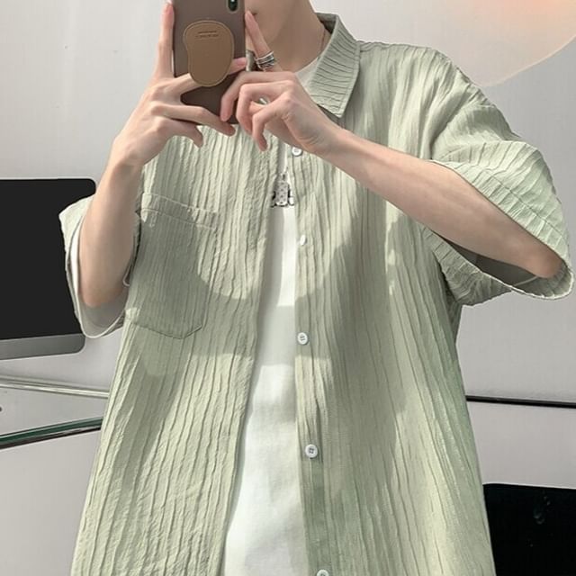 Obikan-Short Sleeve Collared Plain Textured Shirt