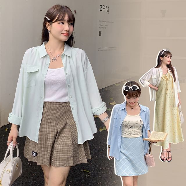 Appelsin-Plus Size Long-Sleeve Plain Pocket Front Shirt