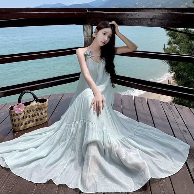 Moanum-Spaghetti Strap Plain Maxi Sundress