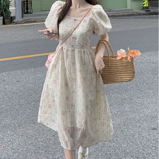Pickxy - Short-Sleeve Square Neck Floral Embroidered Midi A-Line Dress |  YesStyle