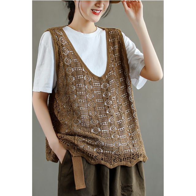 Lewwe-V-Neck Crochet Vest