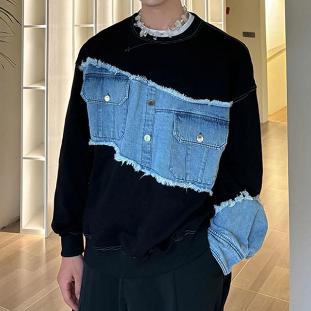 ROOSE-Crew Neck Flap Pocket Panel Denim Sweatshirt