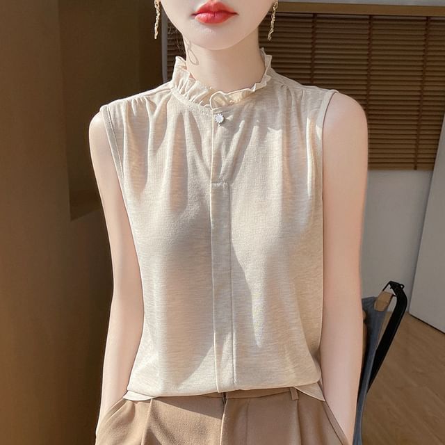 Weelop-Sleeveless Plain Ruffle Blouse