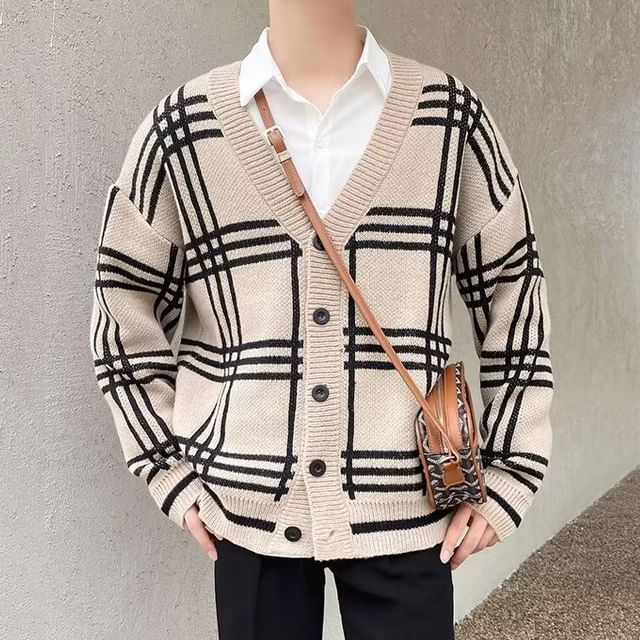 Sinlarity-V-Neck Plaid Cardigan