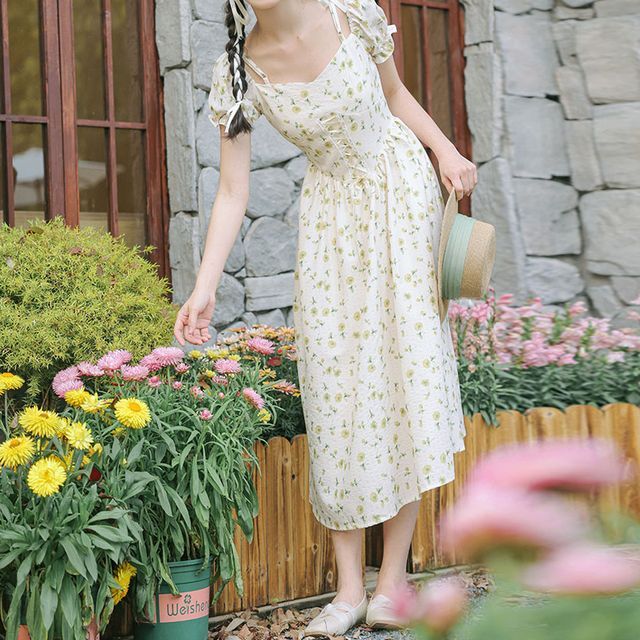 Posreflo - Cold Shoulder Lace Up Floral Print Maxi Dress | YesStyle