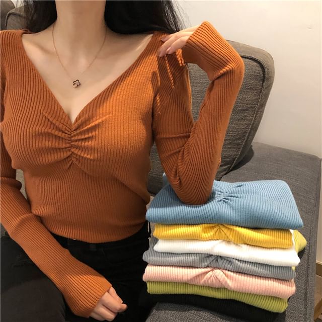 Shinsei-Top de punto de canalé con cuello en V