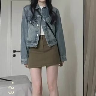 KUMI-Lapel Collared Washed Denim Button Jacket