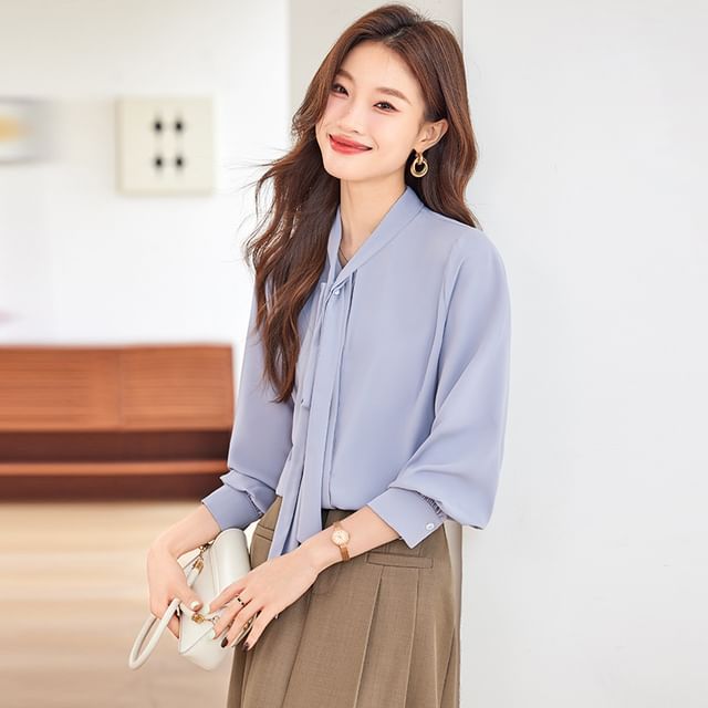 Skyheart-34-Sleeve Tie Neck Plain Blouse