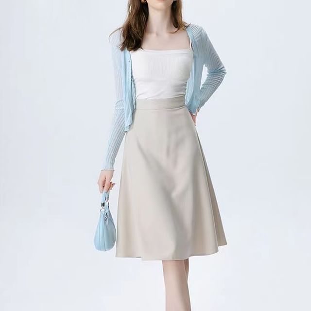 Everose-High Waist Plain Midi A-Line Skirt