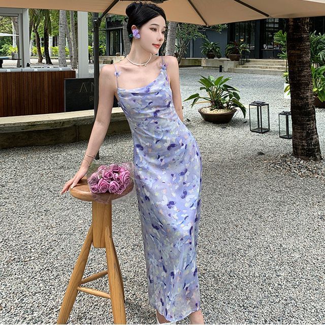 Flamivitoze - Spaghetti Strap Asymmetrical Floral Print Midi A-Line Dress |  YesStyle