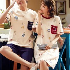PJ Party - Couple Matching Pajama Set: Cartoon Print Pocket Short-Sleeve T-Shirt + Shorts / Short-Sleeve Dress