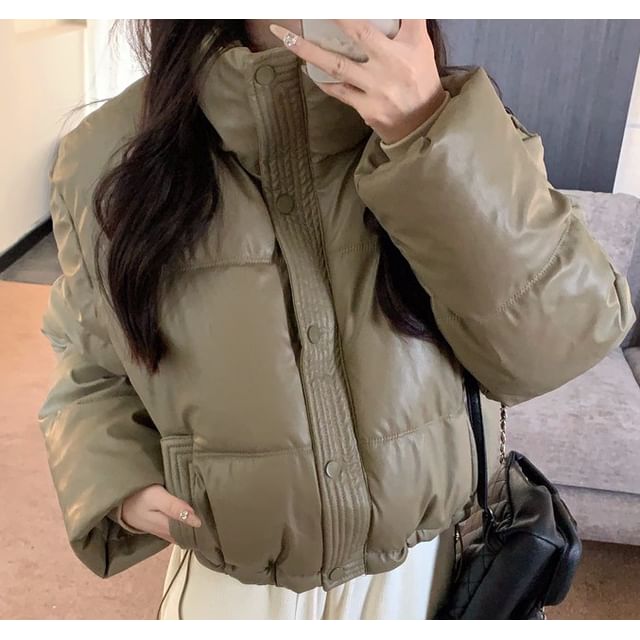 Trendycas-Stand Collar Plain Padded Faux Leather Zip Jacket