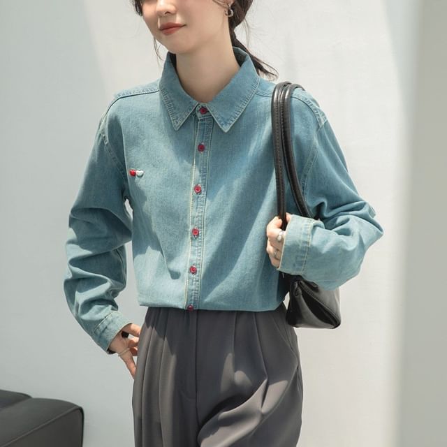 Omibayo-Washed Button-Up Denim Shirt