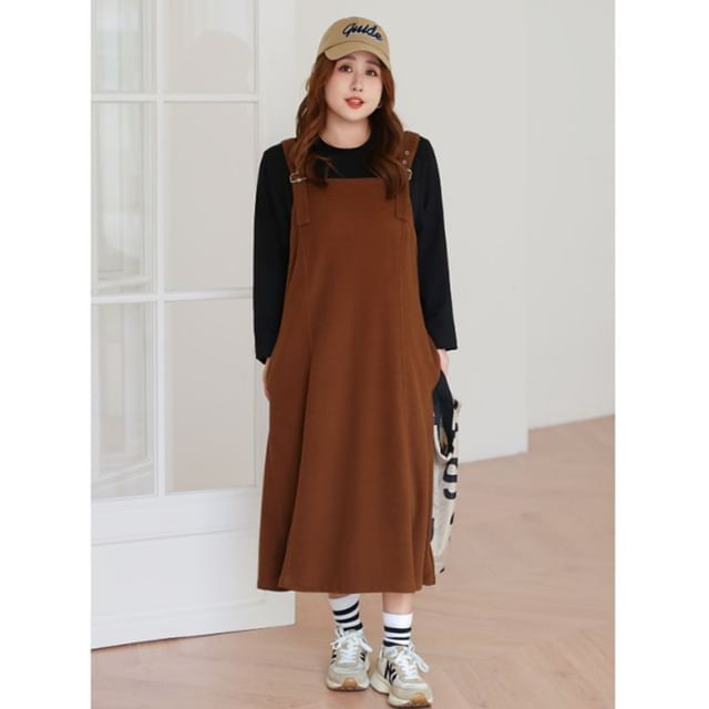 tropibreeze-Plus Size Plain Midi Overall Dress