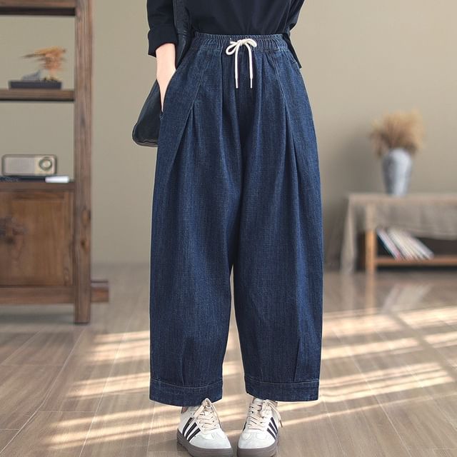 Lewwe-Elastic Waist Washed Harem Jeans