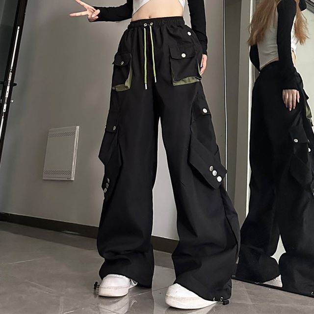 Kenning - Drawstring Waist Contrast Trim Wide Leg Cargo