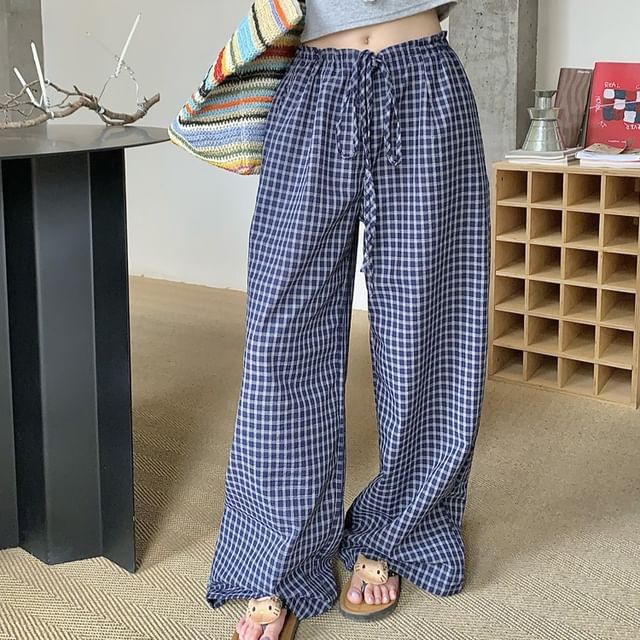 KUMI-Drawstring Waist Plaid Wide Leg Pants