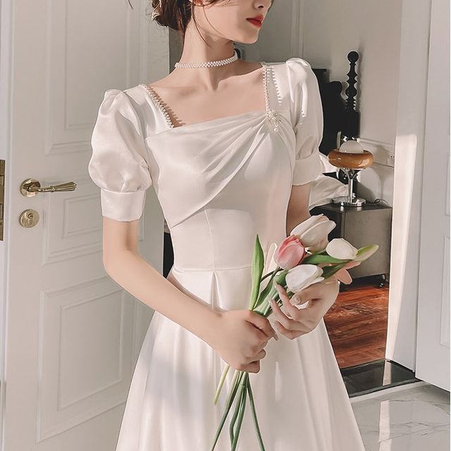 MSSBridal - Long-Sleeve Square Neck Plain Beaded Midi A-Line Wedding Dress  | YesStyle