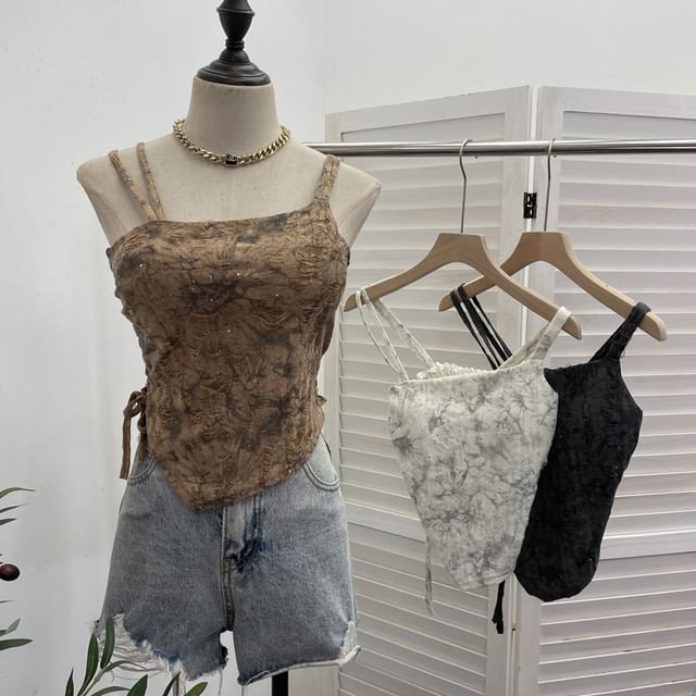 Allinya-Tie Dye Asymmetrical Distressed Padded Crop Cami Top