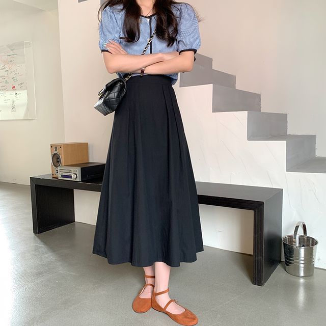 Everose-High Waist Plain Pleated Midi A-Line Skirt