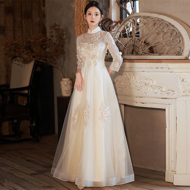 long sleeve mandarin collar wedding dress Abrianna: Chiffon A-Line Dress with Lace and Illusion Mandarin Collar