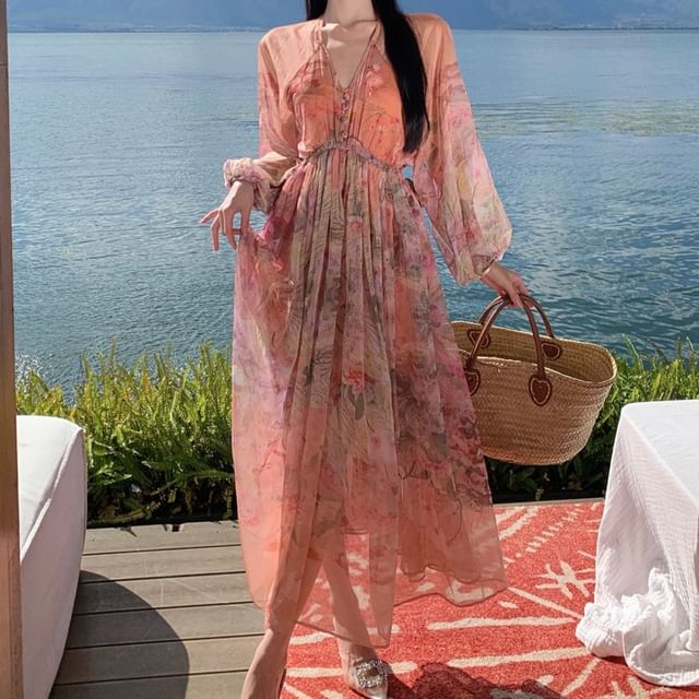 Pensacola - Set: Long-Sleeve V-Neck Floral Print Button Maxi A-Line Dress + Slip  Dress | YesStyle