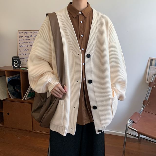 Bay Go Mall-V-Neck Plain Ribbed Button-Up Cardigan