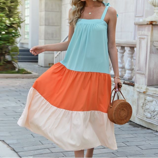Tangerine Rain - Strappy Color Block Midi A-Line Dress | YesStyle