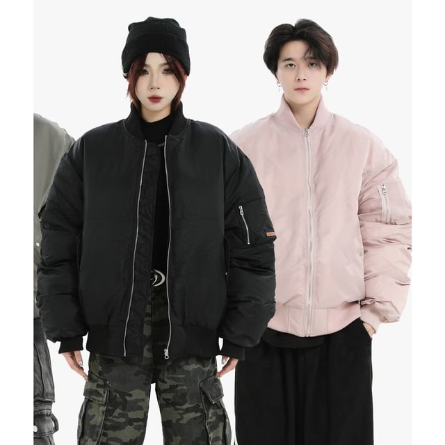 Banash-Couple Matching Plain Zip Bomber Jacket