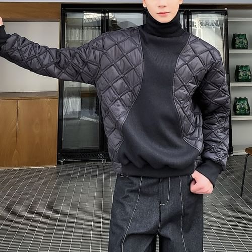 Turtleneck Plain Quilted Panel Sweatshirt