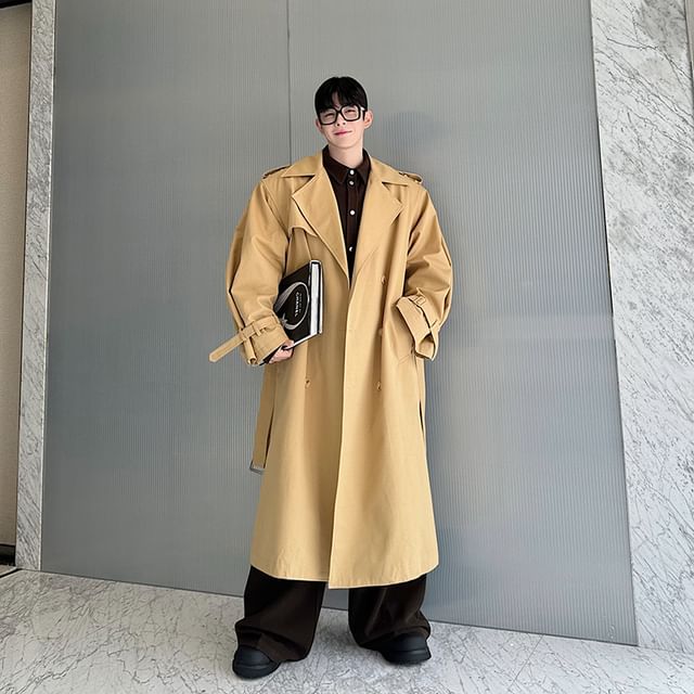 Orungeetun-Lapel Collared Plain Double-Breasted Long Trench Coat