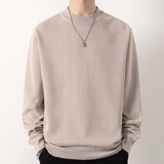 FORSETI-Mock Neck Plain Fleece-Lined Sweater