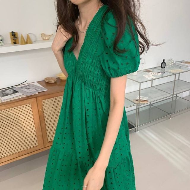 Cloud Nine - Short-Sleeve V-Neck Plain Eyelet Midi A-Line Dress | YesStyle Cloud Nine - Short-Sleeve V-Neck Plain Eyelet Midi A-Line Dress | YesStyle