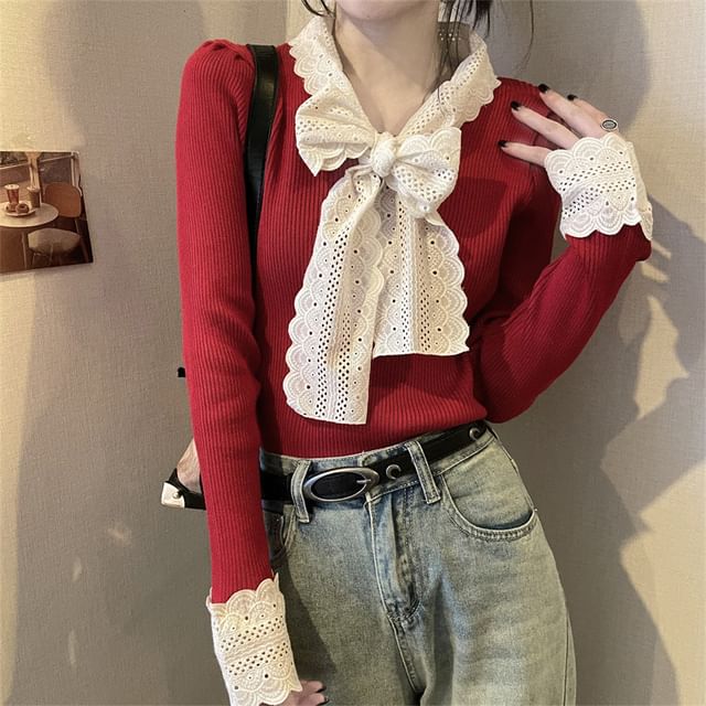 Sisyphi-Tie-Neck Plain Lace Trim Ribbed Sweater