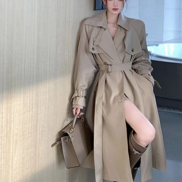 Ginger Girl - Collared Plain Midi Double Breasted Belted Trench