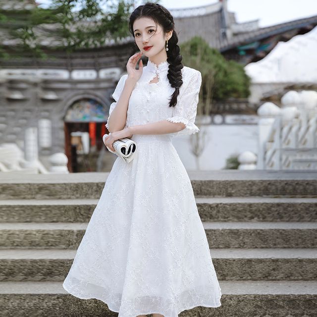 mandarin collar a line dress Berrylush Women Yellow Floral Print A-Line Midi Dress main image 1