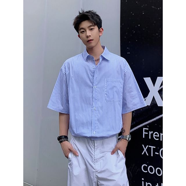 Obikan-Short Sleeve Collared Striped Shirt