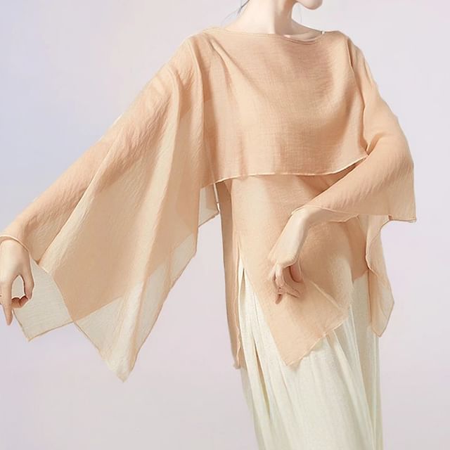 Cossita-Flared-Sleeve Plain Asymmetrical Dance Top