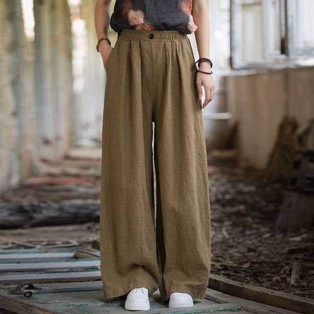 Lewwe-Mid Rise Plain Wide Leg Ramie Pants